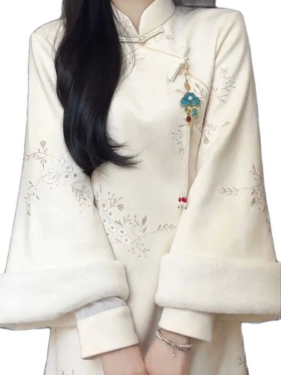 Женское зимнее платье-Ципао с плюшевым воротником