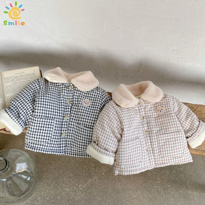 

Winter New Korean Contrast Plaid Cotton Padded Boy's Coat Infant Turn-down Collar Pockets Cotton Clothes New Padded Baby Jacket