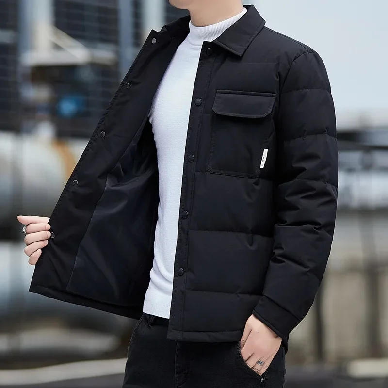 Повседневный мужской пуховик новый зимний с воротником лацканами тонкий теплый