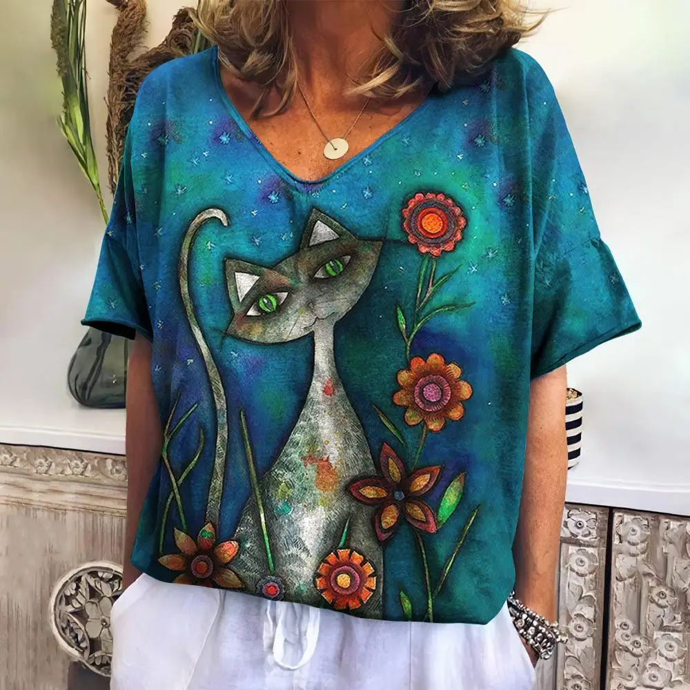 T-shirt Women's top Clothing Cat Print Girl retro V-neck T-shirt summer short sleeve abstract pullover shirt casual shirt