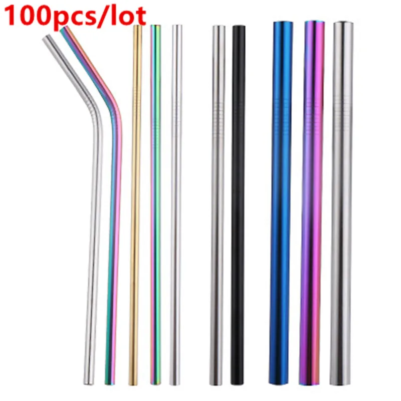 

Wholesale 100pcs/set Eco Friendly Metal Straw Reusable Stainless Steel Drinking Tubes 215mm*6mm Straight Bent Straws For beer