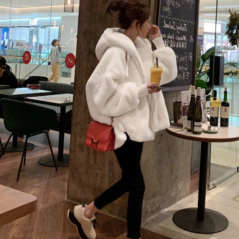 White Faux Fur Jacket Women Hood High Quality Fur Coat Oversized Loose Long Sleeve Zipper Korean Fashion Clothing for Women 2021