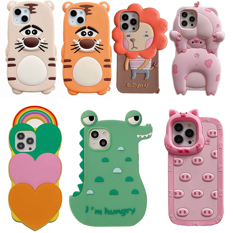 For iPhone 14 SE 7 8 Plus Cartoon Cute Animal Silicone Phone Cover For iPhone 13 12 11 Pro XS Max X XR 3D Case Fundas Coque kids