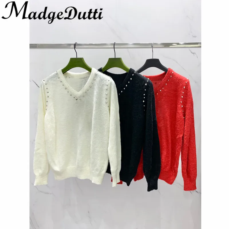 

12.6 MadgeDutti Temperament Solid Color Rivet Decoration V-Neck Loose Mohair Knitwear Sweater Women