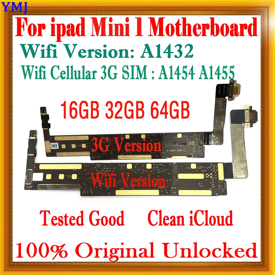 A1432 WIFI A1454/A1455  3G SIM for iPad mini 1 Motherboard No ID Account Free iCloud Logic board Original Unlocked Plate tested