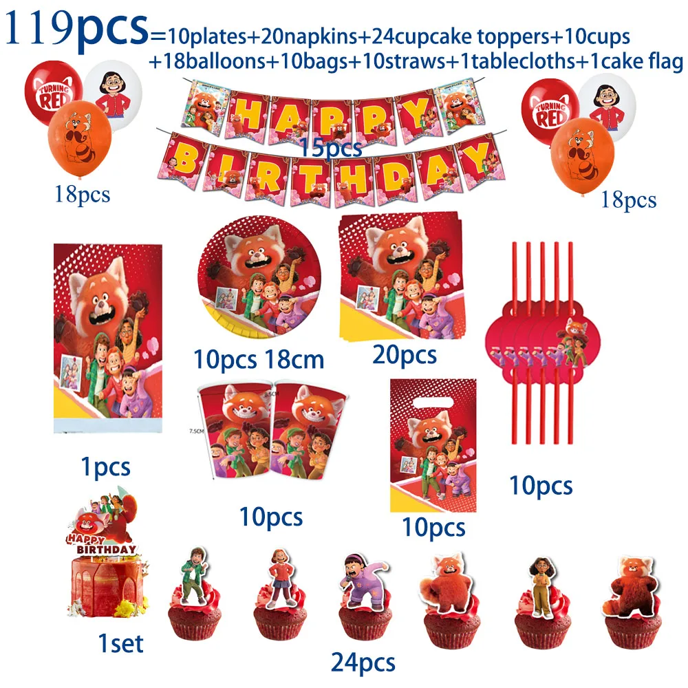 

119pcsTurning Red Disaposable Tableware Set Birthday Party Decorations Paper Plates Cups Straws Banners Gift Bags Cupcake Flags