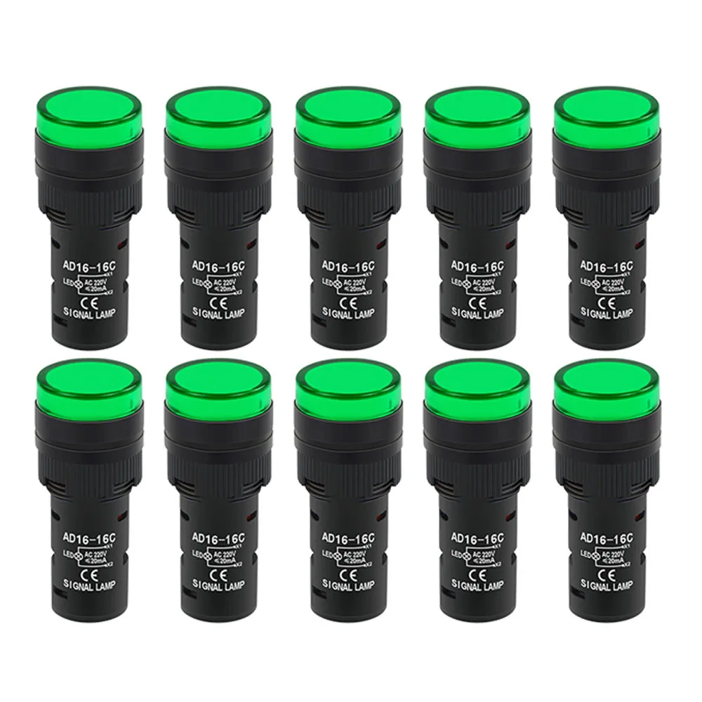 

10 шт. светодиодный индикатор AD16-16C для монтажа на панели, индикатор питания переменного тока, постоянного тока, 12 В, 24 В, 110 В, 220 В, 380 В, 16 мм, световая контрольная лампа, красный, зеленый