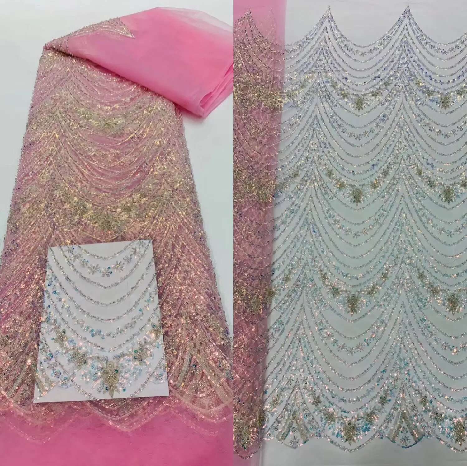 

Beaded Material African Sequins Lace Fabric Pretty Embroidered Tulle Mesh for Party Dress