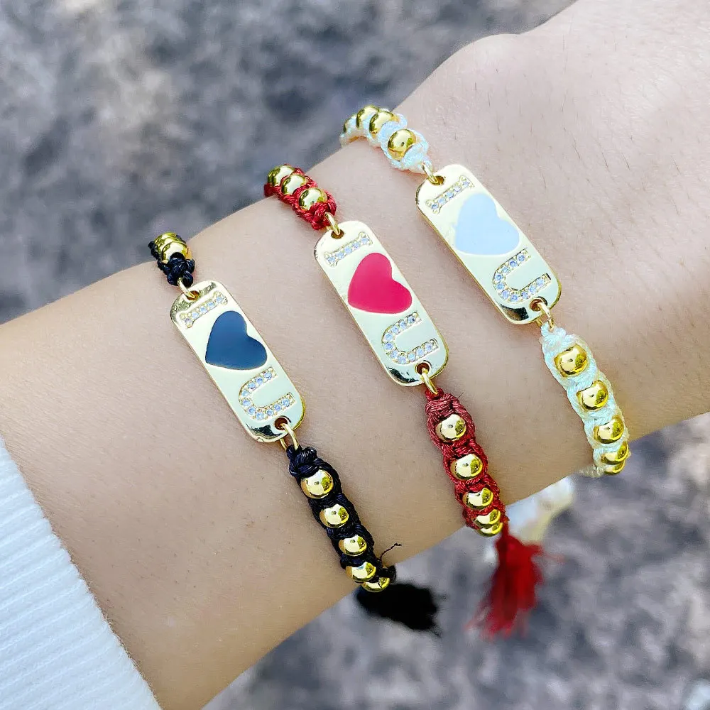 

Lovers Adjustable Bracelet for Women Fashion Boho Copper Beads Drop Oil Heart I LOVE YOU Letter Bracelet Woman Wristband Jewelry