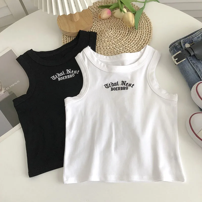 

Plain Camisole Summer Embroidery Crop Top Woman O Neck Vest Basic White Cami Sleeveless Tank Tops Women Clothes Dropshipping