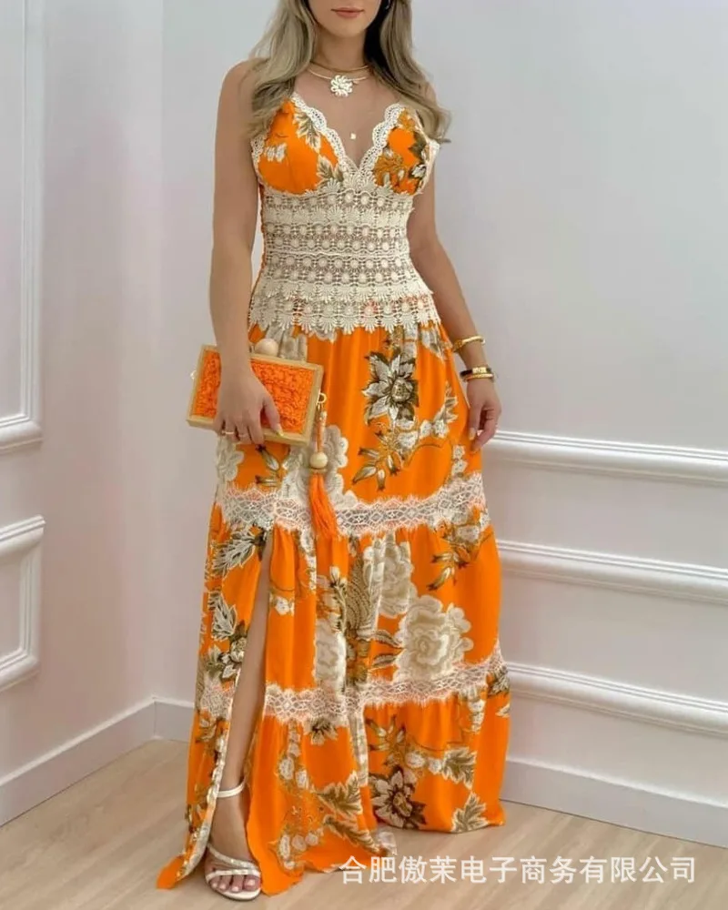 

2022 Summer Elegant Hollowed Out Sexy V Neck Sleeveless Mini Dresse Floral Sling Lace Panel Drop Waist Dress Women New Fashion