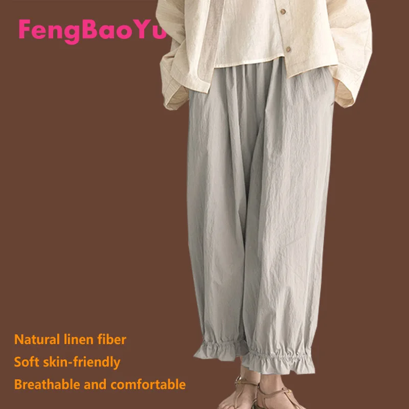 Fengbaoyu Linen Spring Summer Ladies Nine-cent Pants Loose Waist Lotus Leaf Leisure Retro Holiday Leisure Women Whit Trousers