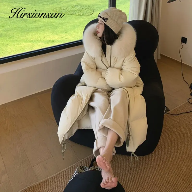 Hirsionsan Winter Solid Zipper Large Fur Collar Hooded Long Down Jacket Women New Korean Thicken Warm Puffer Clothing Female