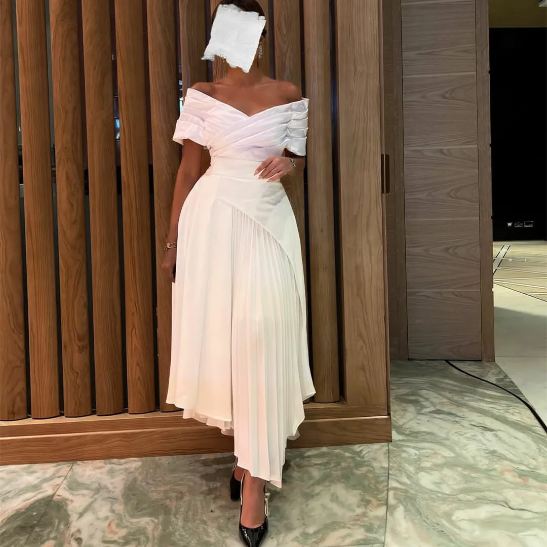 

AsaNagi White Vintage Prom Dresses Off The Shoulder Strapless Asymmetric Ruched Sleeveless Satin Ankle Length Saudi Arabia 2023