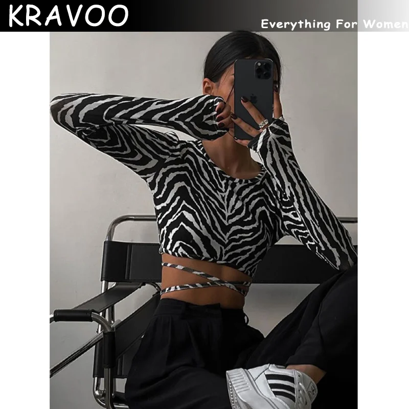 

KRAVOO 2023 New Sexy Shirt Y2k Backless Lace ups Pullover Tees Women Autumn Black O-neck Slim Longsleeve Short T-Shirt