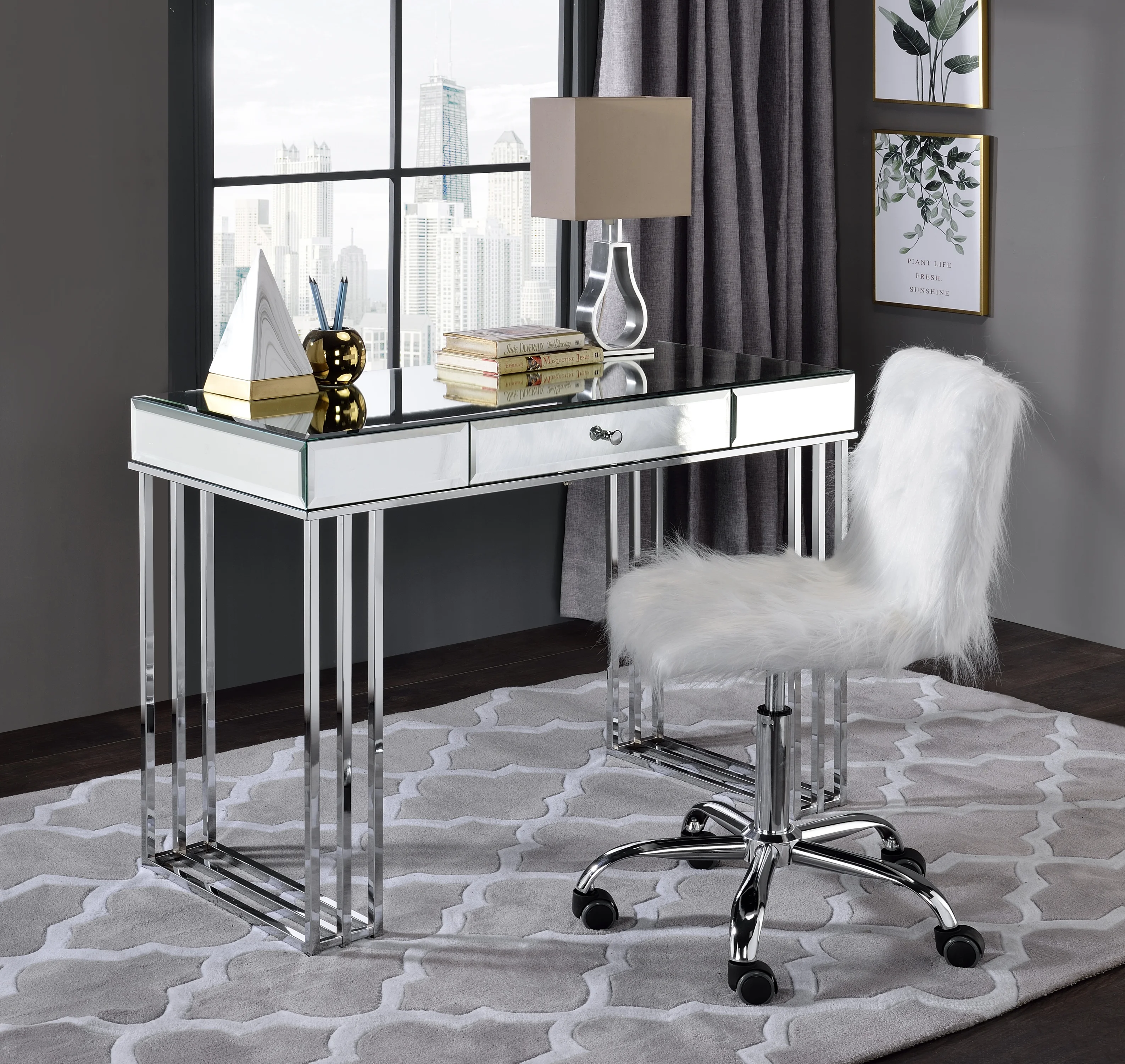 

Office Chair In White Faux Fur Chrome Finish Room 360 Degree Swivel Roller Upholstered High Elastic Sponge Fabric Comfortable