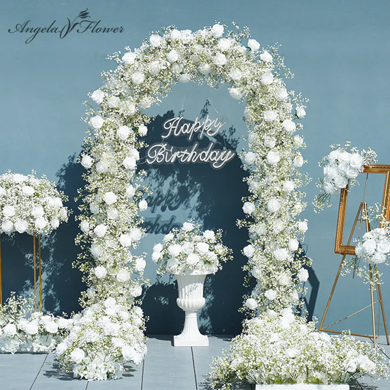 

Роскошная белая роза Babysbreath Свадебная 5D фотокомпозиция стол для событий центральные части шар ткань Гипсофила Цветочная стена