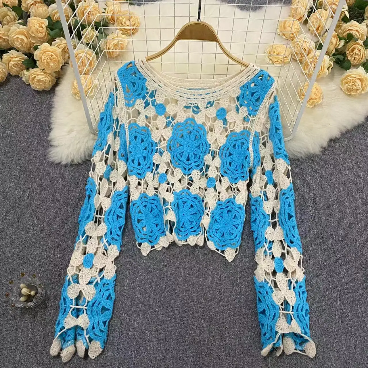 

Women O-Neck Flowers Crocheted Hollow Shirts Long Flare sleeved Floral Sweater Summer Thin Hooked Pullovers T-shirt Jumpers Tops