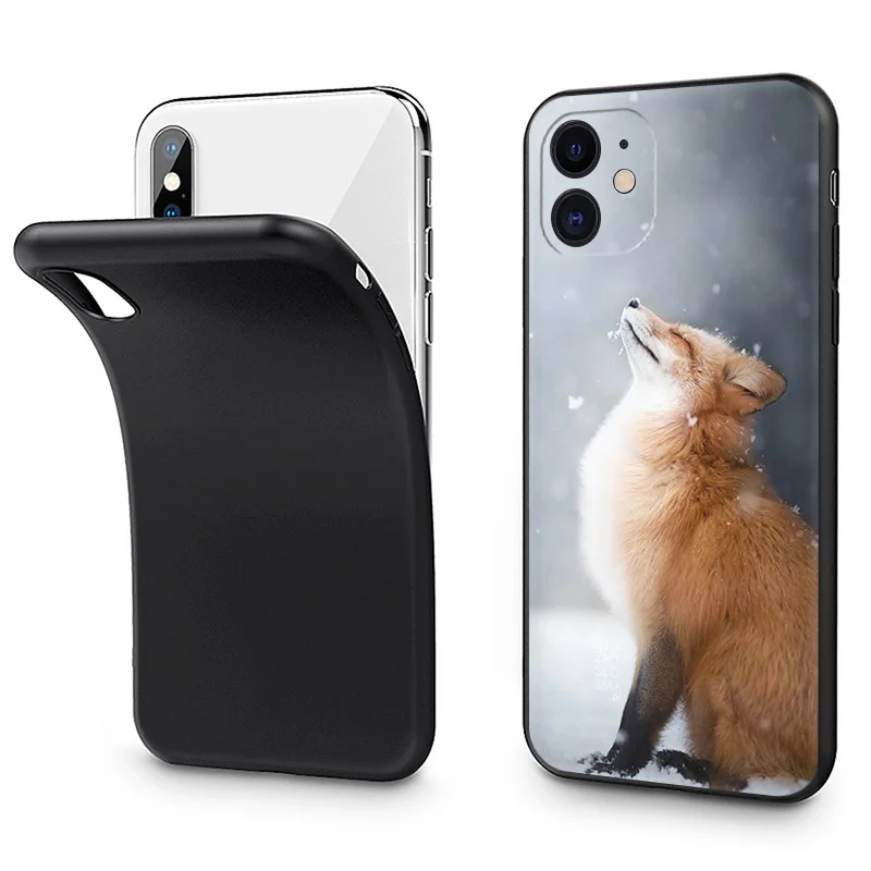 Silicone Black Phone Cases Cover for iPhone 11 14 Pro Max 12 13 Mini XR SE 7 8 6 6s Plus XS X SE3 11Pro Cartoon Raccoon Snow Fox
