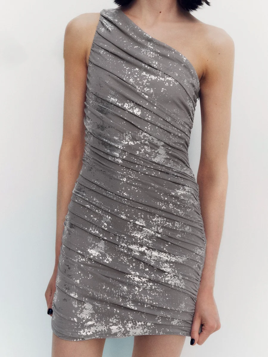 

Облегающее мини-платье с серебристой сеткой и цветочным принтом, женское пикантное короткое платье без рукавов с диагональным воротником, летние платья 2023, платья для ночного клуба