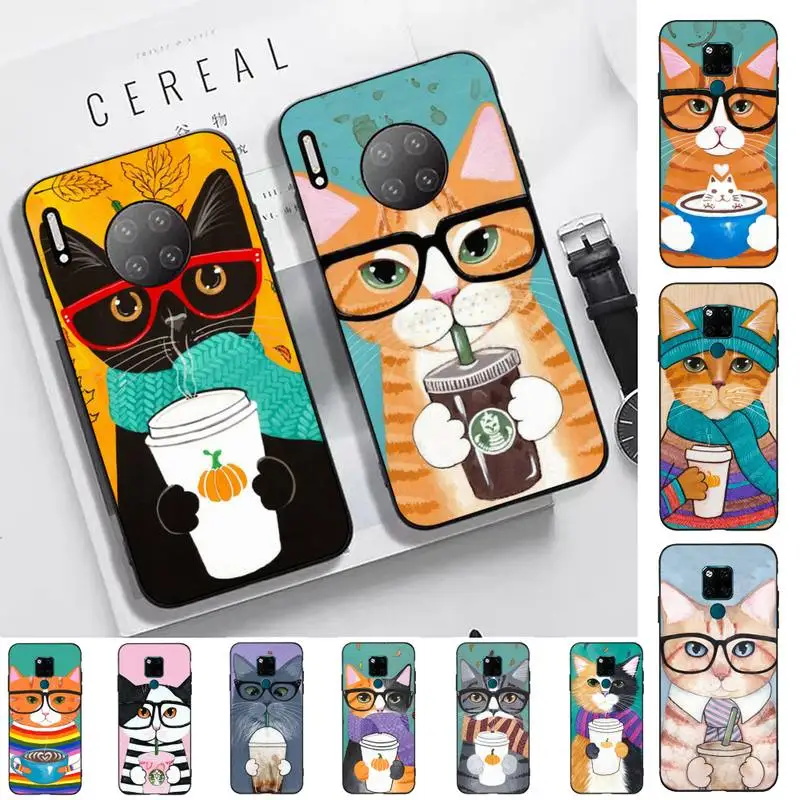 

Coffee Milk Drink Bottle Cat Phone Case for Huawei Mate 20 10 9 40 30 lite pro X Nova 2 3i 7se