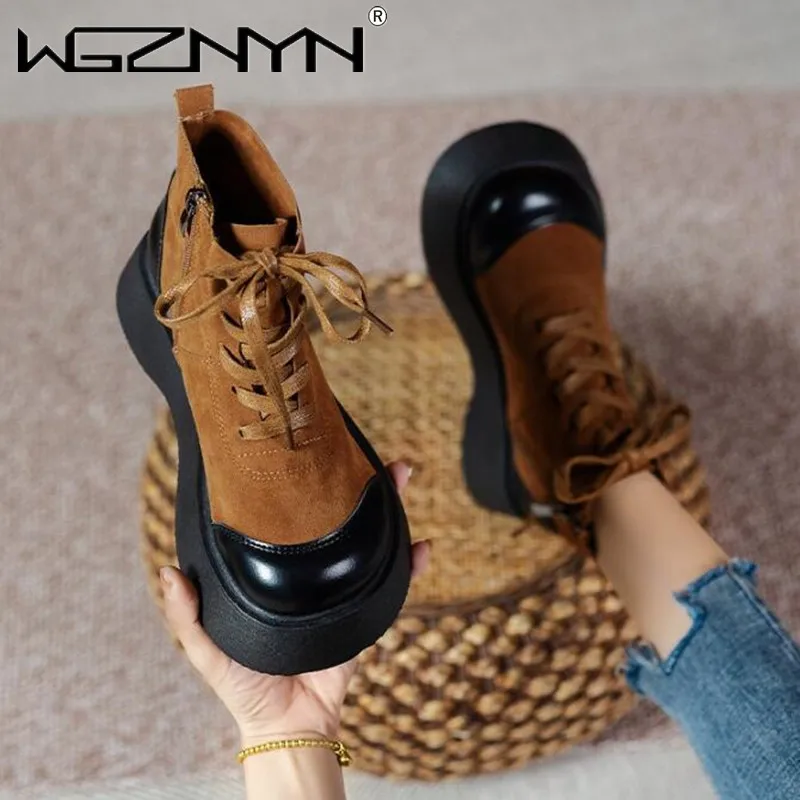 

2022 New Roman Style Ankle Boots Women Autumn Round Toe Thick Bottom Platform Retro Flat Shoes Woman Lace-up Casual Short Botas