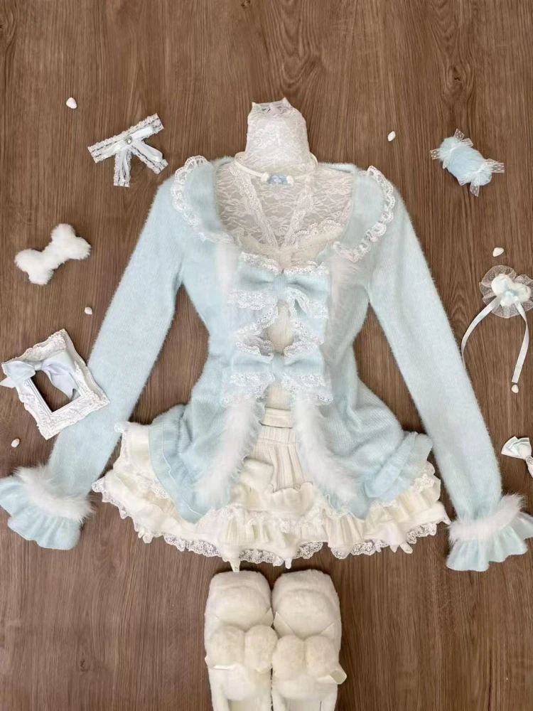 Фото Японский комплект из трех предметов Sweet Lolita, женский кардиган с кружевным бантом + шикарный тонкий жилет + юбки со рюшами, новые модные костюмы Kawaii Harajuku №1