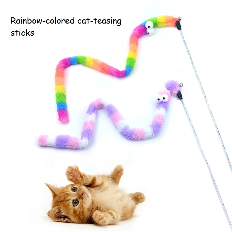 

60pcs/lot Rainbow Long Strip Cat Teasing Stick with Bell Plush Teasing Indoor Kitten Playing Training Interactive Pet Supplies