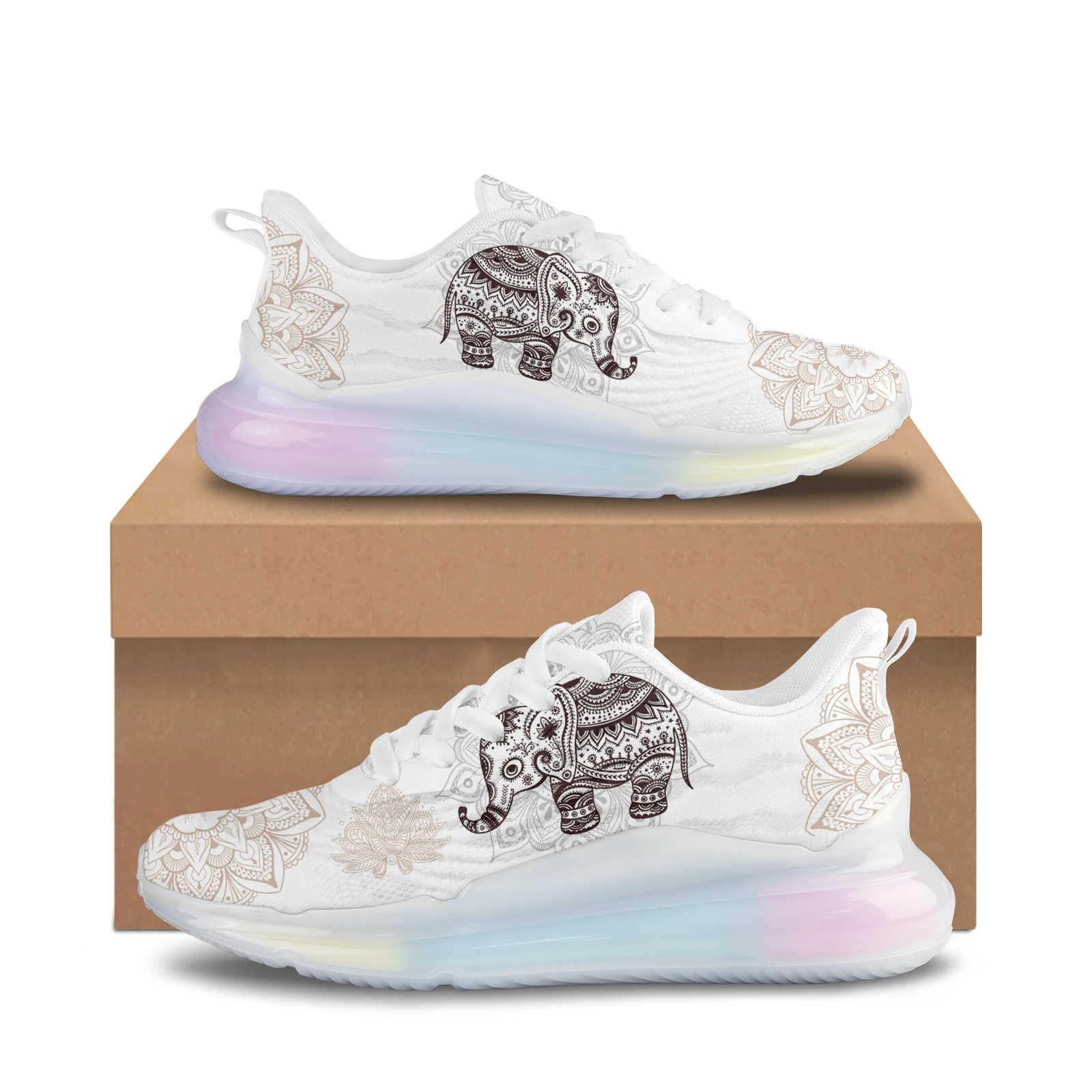 

Bohemian Style Tribal Elephant Print Air Cushion Shoes Ainbow Gradient Color Thick Bottom Lightweight Sneakers Customized Shoes