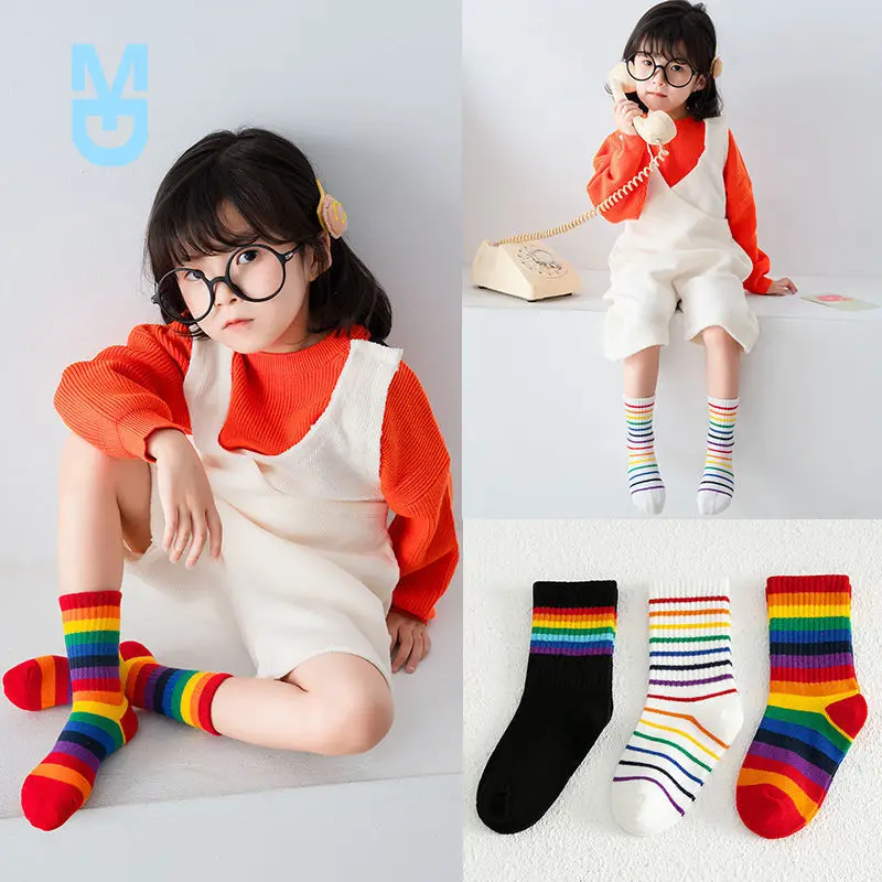 

Новинка, осенне-зимние детские носки, радужные полосатые носки для мальчиков и девочек, детские хлопковые спортивные носки