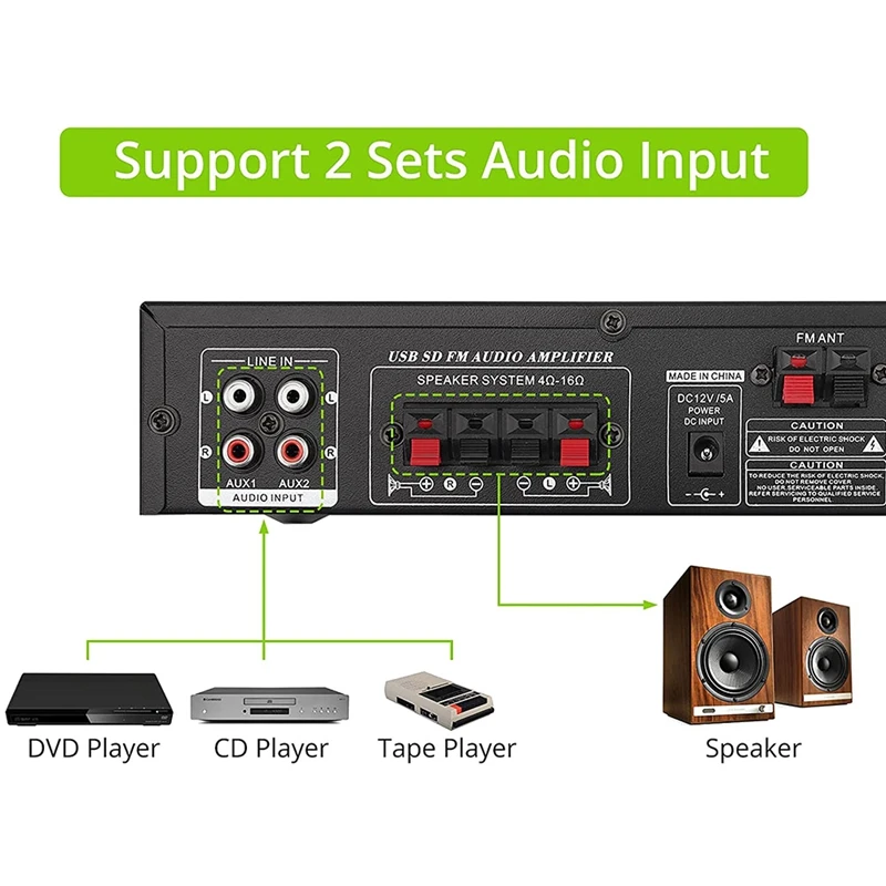 Audio Power Stereo Amplifier AV-568BT Bluetooth 2.0 Channel 50W x 2 with RCA Inputs USB SD Readers(EU Plug) |