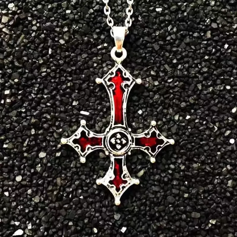 

Personality Red Bloody Inverted Cross Pendant Necklace Retro Fashion Creative Gothic Men's And Women's Pendants Wholesale