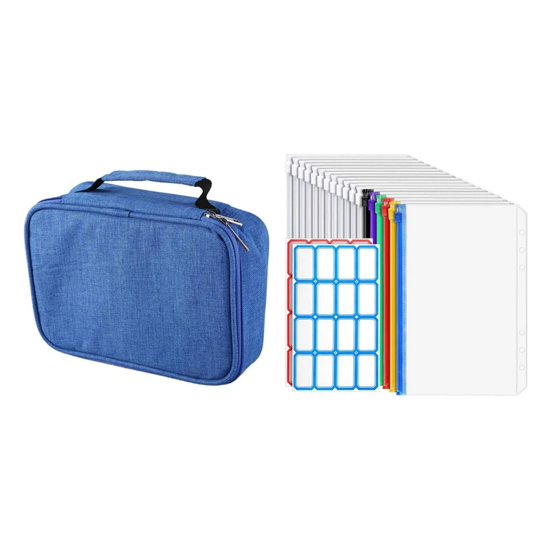 

1X School Pencil Cases 72 Holes Pen Box Blue & 12X Transparent Bags, 6 Zipper Binder Envelopes