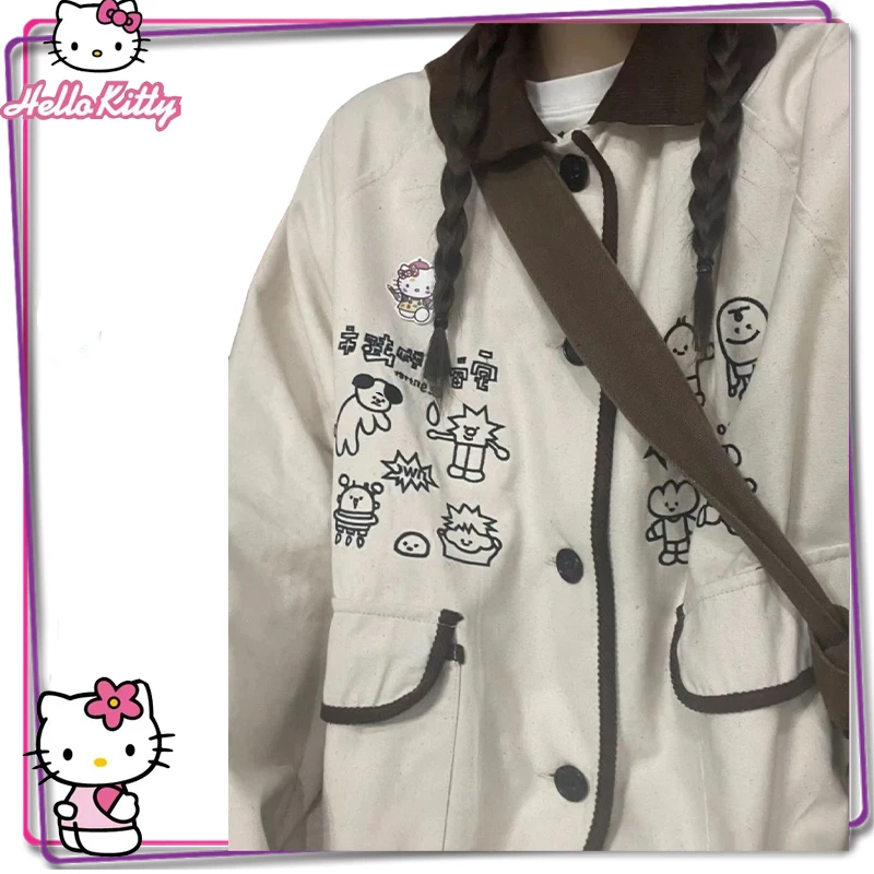 

New Sanrio Hello Kitty Y2K Cartoon Jacket Women's Printed Retro Loose Jacket Sweatshirt Kawaii Girls' Cardigan Jacket Coat Top