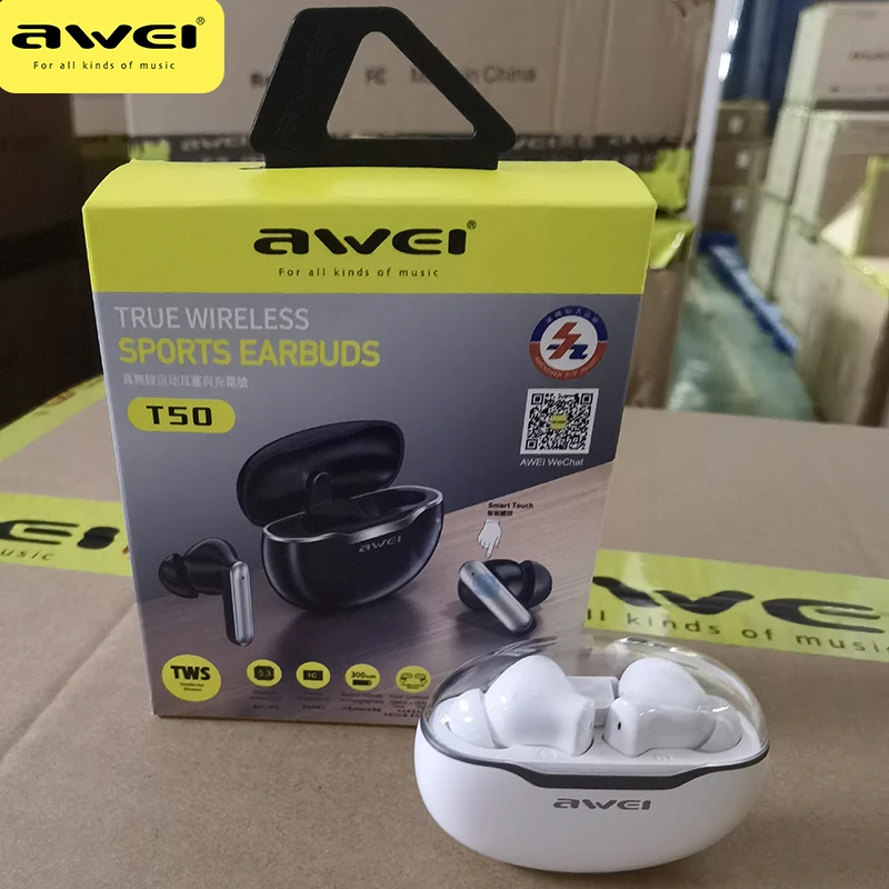 

Awei T50 TWS Bluetooth 5.3 Earphones Wireless Sport Headphone Touch Control HiFI Stereo Waterproof EarHook Headset With Mic