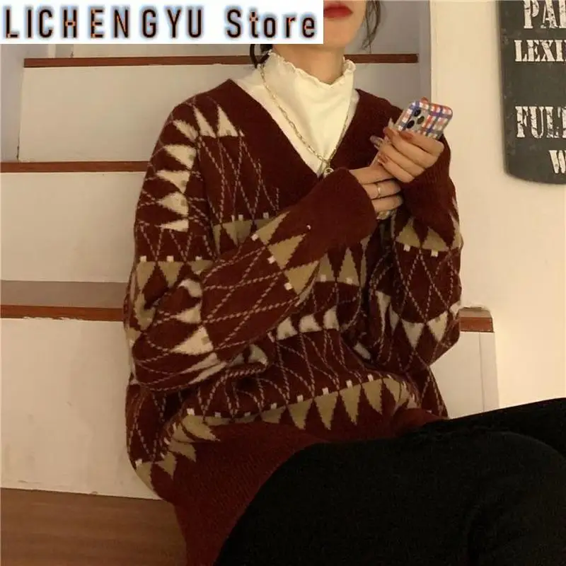 

New Sweaters Women Vintage Argyle Korean Fashion Long Sleeve Top Fairy Grunge Ugly Pullover Female Sweter Autumn Winter Clothing