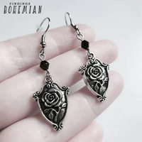 1 pair rose shield earrings rose earrings silver color with black glass beads gothic earrings shield earrings victorian