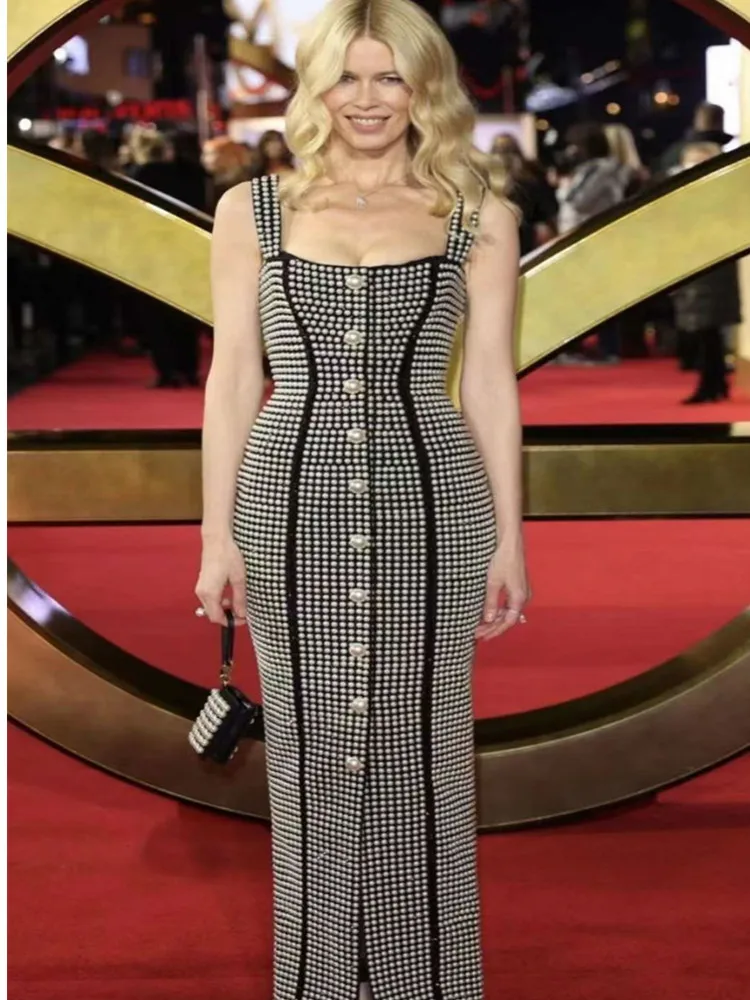 

Luxury Women Spring Sexy Tank Backless Studded Button Black Ankle Length Bodycon Dress 2022 Designer Evening Party Dress Vestido