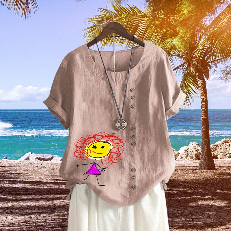 

Popular Short Sleeve Women's Clothing T Shirt O Neck Top for Lady Cute Cartoon Girl Pattern Cotton Linen Summer Pullover Top
