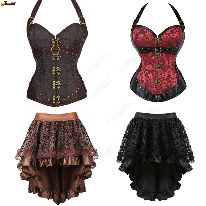 

Gothic Steampunk Corset Woman pirate costume Sexy Lace Up Top Pu Leather Corset Bustier Brown Punk Goth Corselet Shapewear