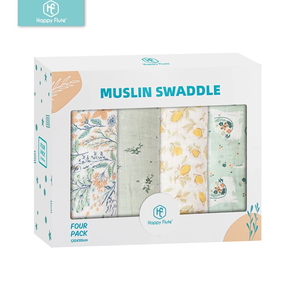 

HappyFlute 4Pcs/set Baby Muslin Cotton Blanket Soft Breathable Swaddle Wrap Sleepsack Bath Towel For Newborn Baby