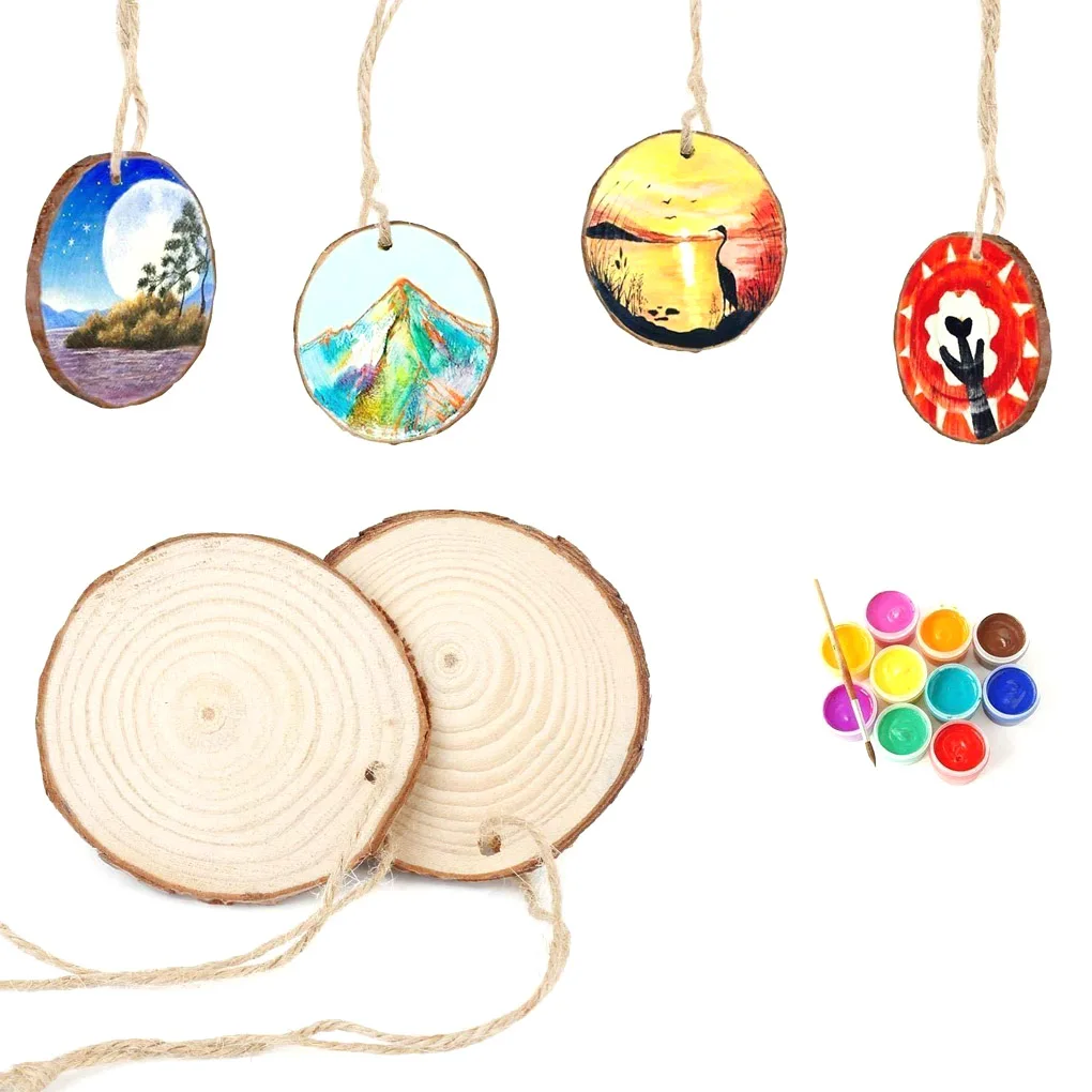 

50pcs 4-5cm Natural Pine Round Unfinished Wood Slices Circles Tree Bark Log Discs DIY Crafts Wedding Party Painting With Rope