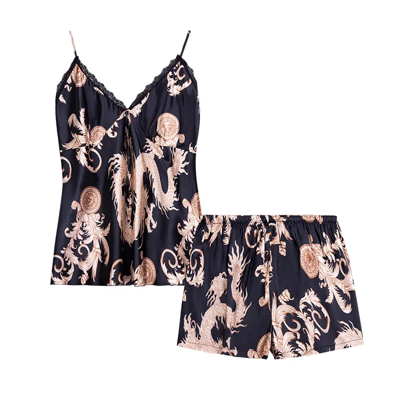QWEEK Pyjamas for Women Suit with Shorts Silk Satin Pajamas Print Suspender Pijamas Home Suit Sexy Loungewear Sleepwear Roomware