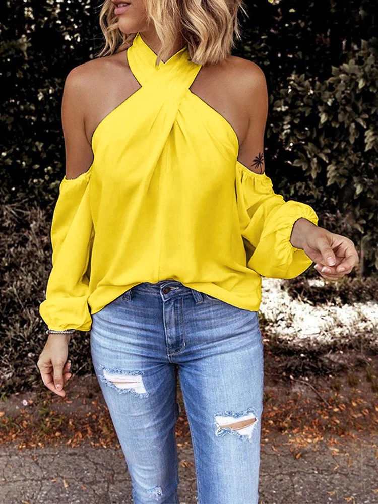 

Mandylandy Women Elegant Autumn Bandage Shirt Top Fashion Female Y2K Long Lantern Sleeve Off Shoulder Halter Loose T-shirt