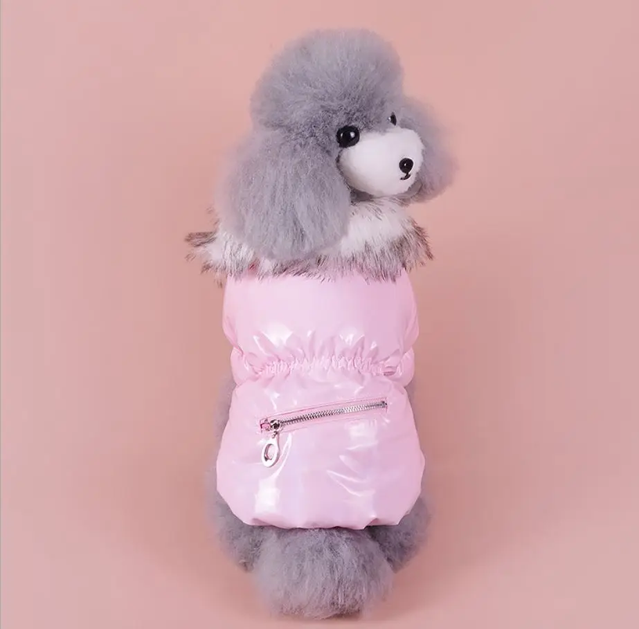 

Winter warm dog cat clothing PU leather jacket with zipper pocket design plush pet dog cat dress hoodie