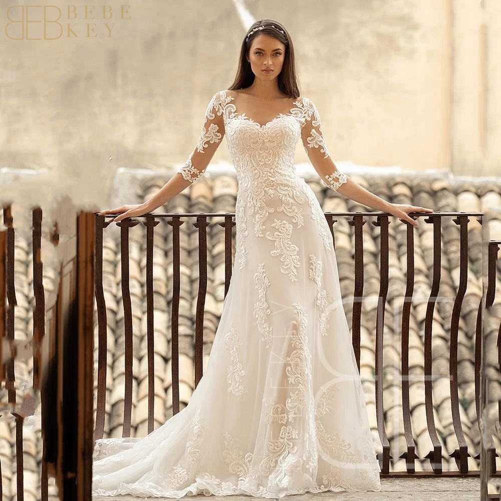 

White Lace Dress Wedding Women Long Sleeves Civil Wedding Dresses for Woman Sweetheart Elegant Gown Women's Luxury Party Dress