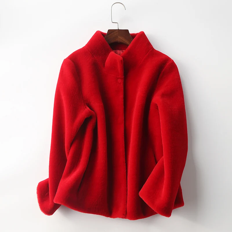 Autumn Winter Women Short Casual Natural Sheep Shearing Real Fur Coat Ladies Jacket Stand Collar Thick Warm Wool Famale Clothing