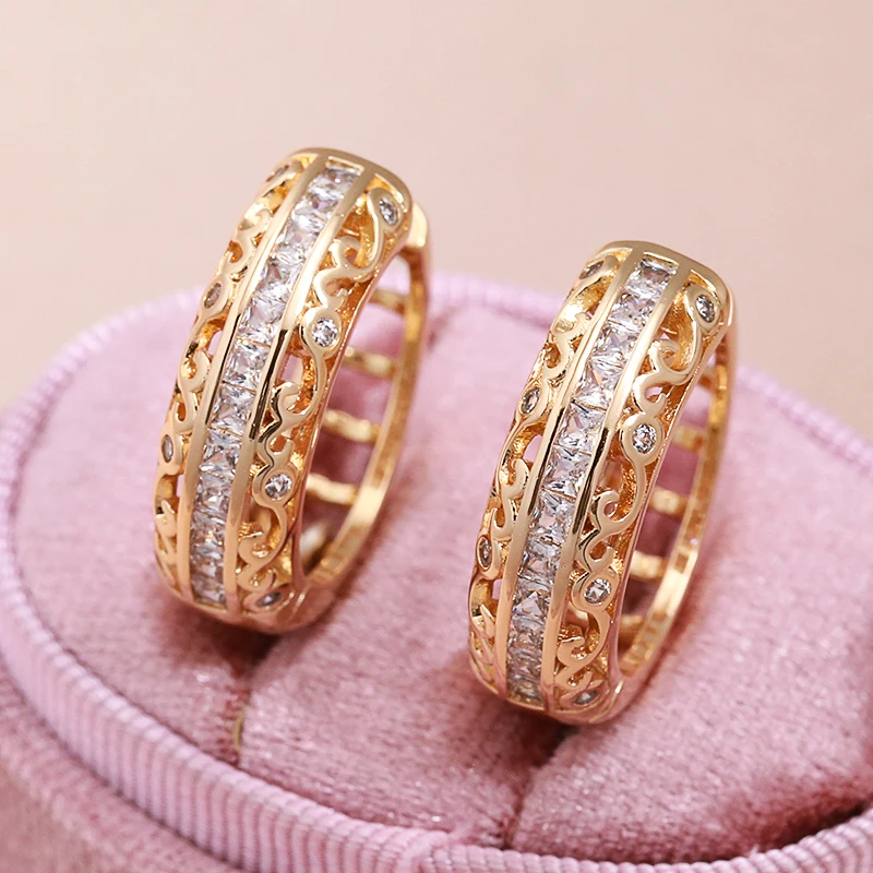 

New 585 Gold Hoop Earrings for Women Exquisite T Zircons Hollow Piercing Big Hoops Fashion Gold Plated Copper Earrings Jewelry