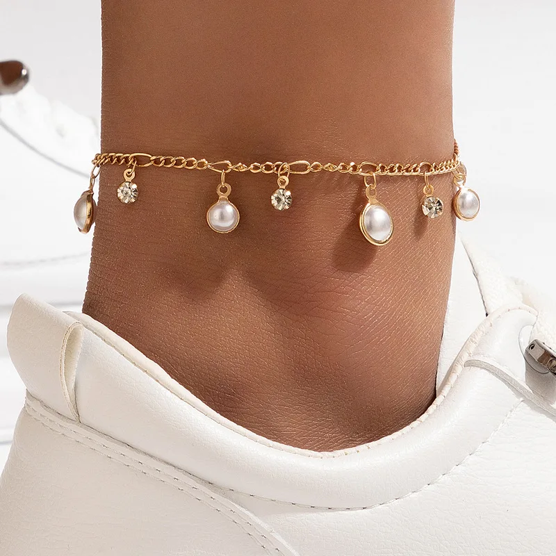 

New 2022 Summer Beach Pearl Inlaid Pendant Single Anklet Set With Diamonds
