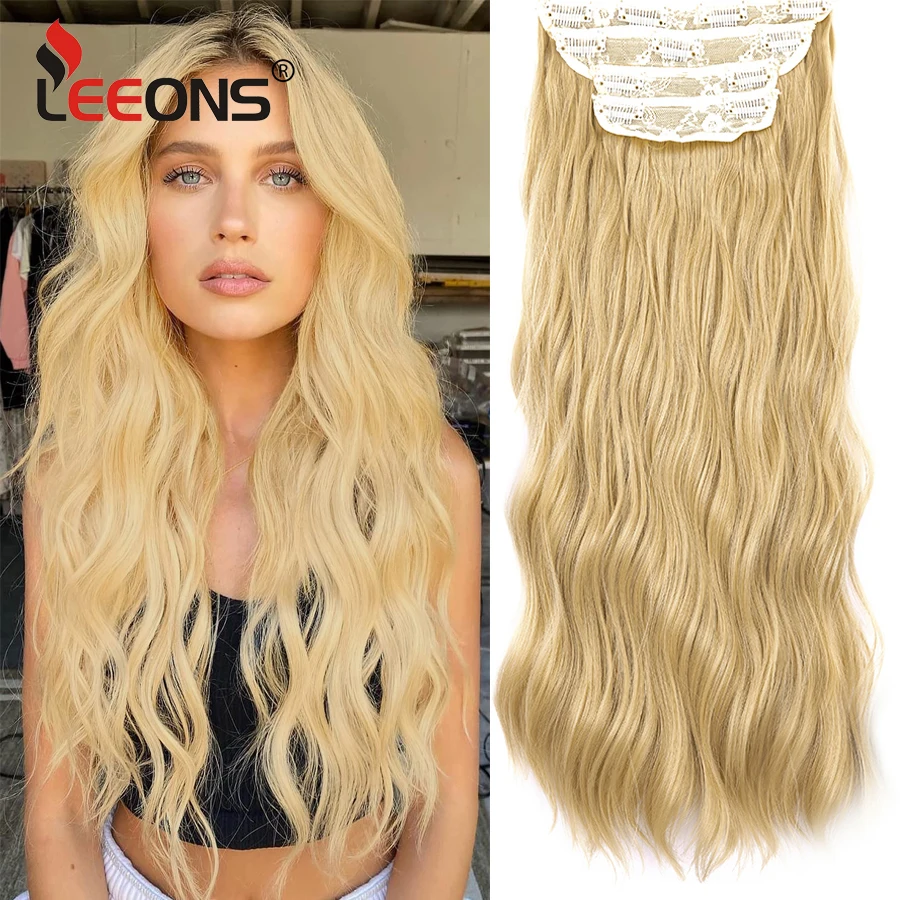 

Leeons Synthetic Clip In Hair Curly 4Pcs/Set Hair Extensions 22 Inche Hairpieces Heat Resistant Synthetic Fiber For Women Daily